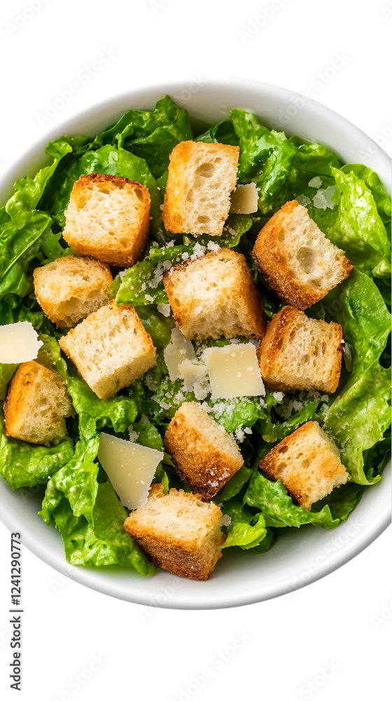 A classic Caesar salad with crunchy croutons and parmesan, placed in a white bowl. Transparent background


