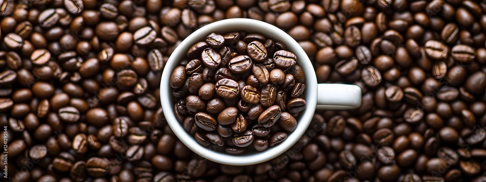 Fototapeta premium A cup of coffee sits atop a large pile of whole coffee beans 