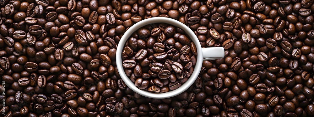 Fototapeta premium A cup of coffee sits atop a large pile of whole coffee beans 