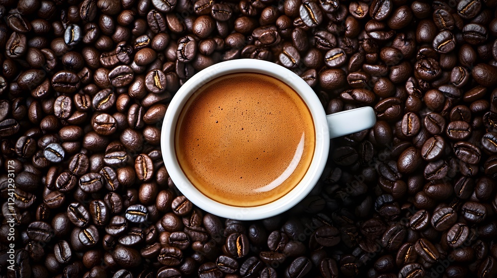 Fototapeta premium A cup of coffee sits atop a large pile of whole coffee beans