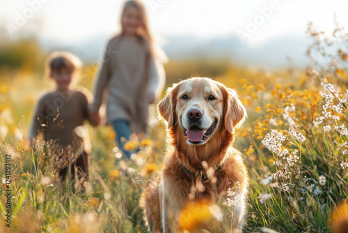 Fototapeta Naklejka Na Ścianę i Meble -  Happy family with kids walking their pet golden retriever dog in the spring meadow. Active spring holidays