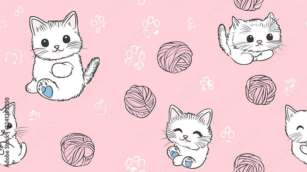 Obraz premium Cute cartoon cats playing with yarn pattern