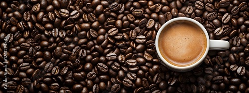 A cup of coffee sits atop a large pile of whole coffee beans
