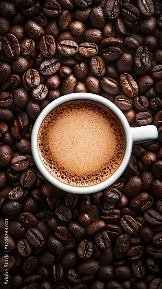 Fototapeta premium A cup of coffee sits atop a large pile of whole coffee beans 