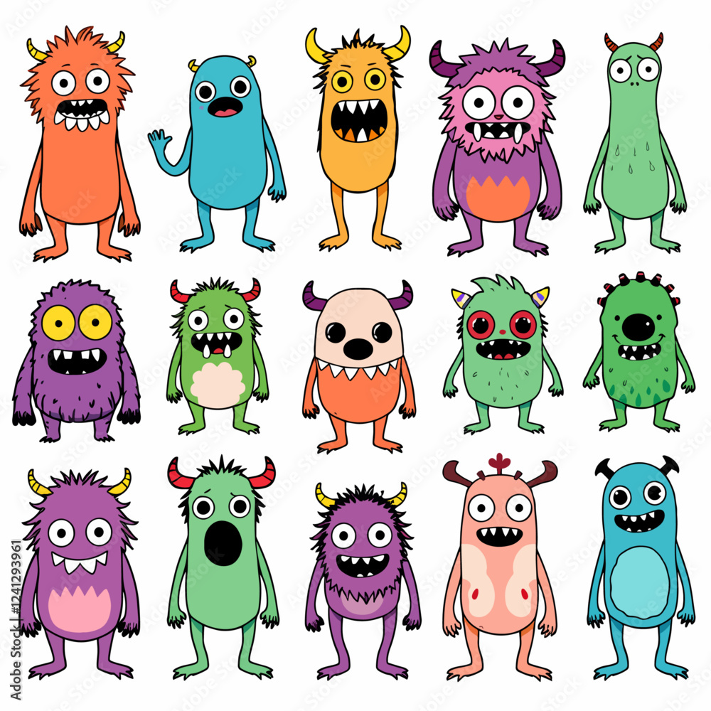 Fototapeta premium Cute monster set. Happy Halloween. Colorful silhouette monsters. Different faces. Eyes teeth, horns, hands. Kawaii cartoon funny boo character. Childish style. Flat design. White background. Vector