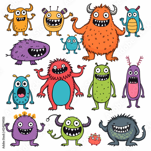 Cute monster set. Happy Halloween. Colorful silhouette monsters. Different faces. Eyes teeth, horns, hands. Kawaii cartoon funny boo character. Childish style. Flat design. White background. Vector