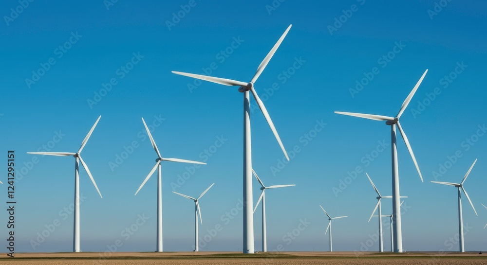 Wind Power Energy Farm: A majestic array of wind turbines gracefully rotate against a vibrant blue sky, symbolizing clean energy and sustainable progress. Wind Power Energy Farm: A majestic array of wind turbines gracefully rotate against a vibrant blue sky, symbolizing clean energy and sustainable progress.