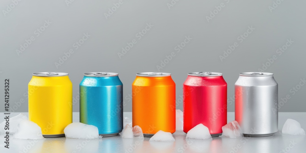 A row of five cans of soda, each with a different color, are sitting on a table with ice cubes A row of five cans of soda, each with a different color, are sitting on a table with ice cubes