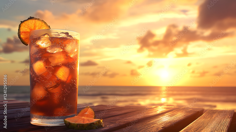 A tall glass of iced tea with tropical fruit slices and ice, placed on a wooden deck with a sunset view. A tall glass of iced tea with tropical fruit slices and ice, placed on a wooden deck with a sunset view.
