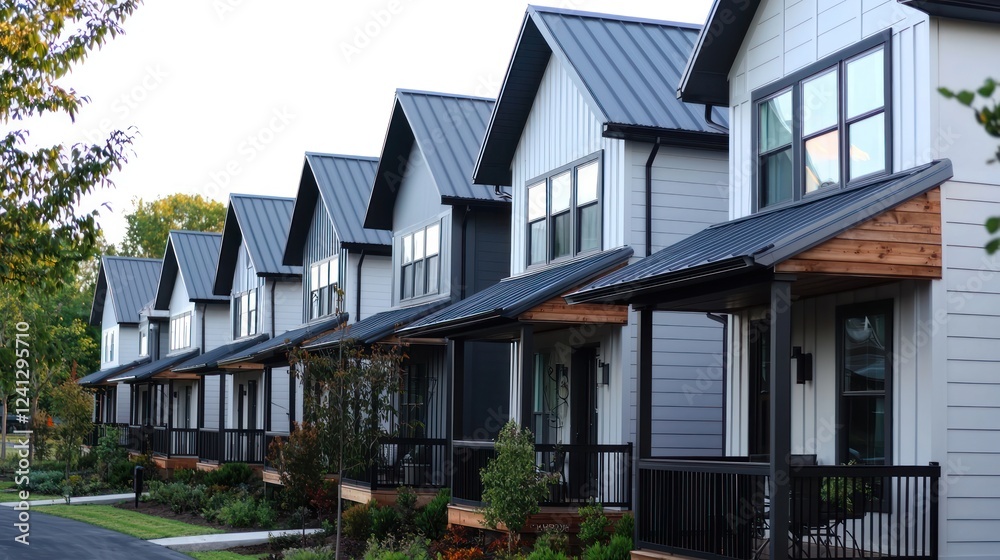 Modern residential homes with sleek designs lined along a tranquil street in a suburban setting Modern residential homes with sleek designs lined along a tranquil street in a suburban setting