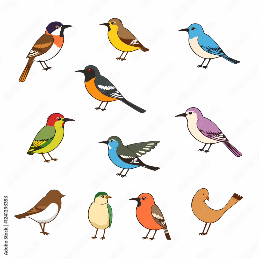 Fototapeta premium Set of spring birds. Different birds. Beautiful and cute multi-coloured birds. Vector cartoon illustration in childish style. Images are isolated on white.