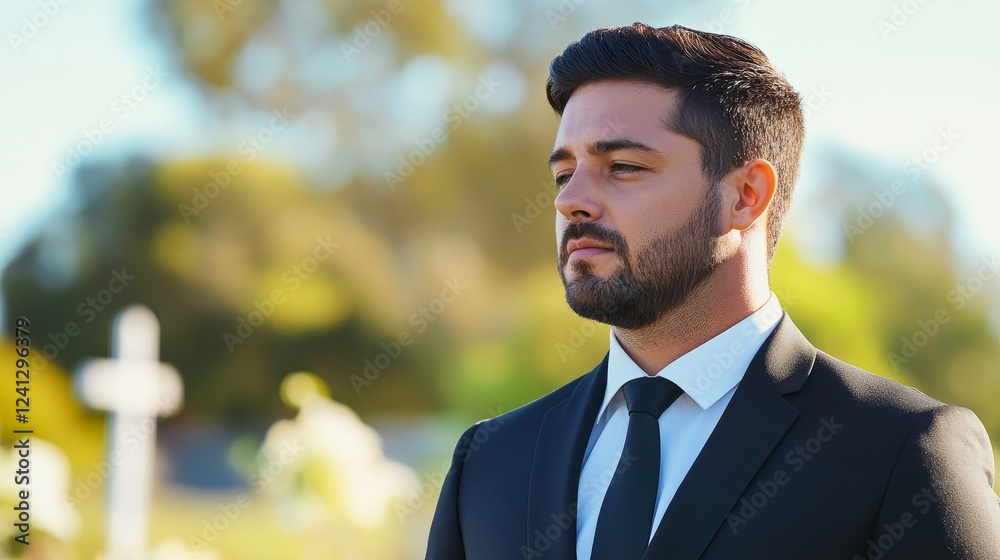 Somber man in formal attire stands thoughtfully at a serene outdoor memorial service surrounded by flower Somber man in formal attire stands thoughtfully at a serene outdoor memorial service surrounded by flower