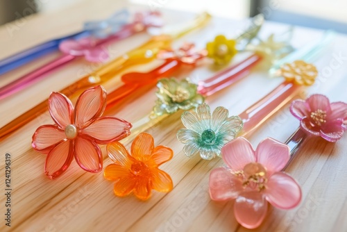 Colorful glass flower hairpins on wooden surface photo