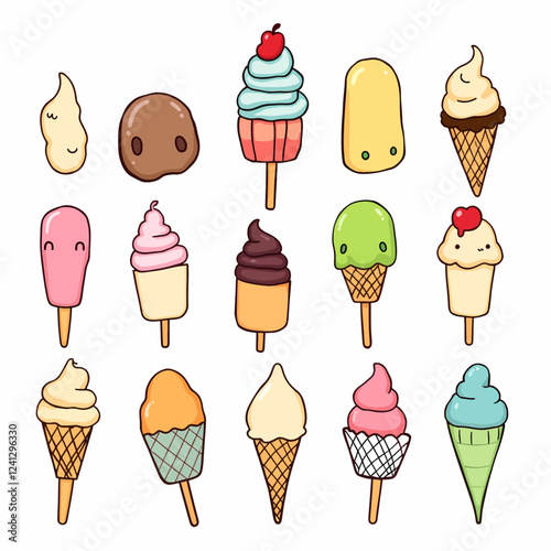 Tasty colorful ice cream set. Collection ice-cream cones and Popsicle with different topping isolated on white background. Vector illustration for web design or print EPS