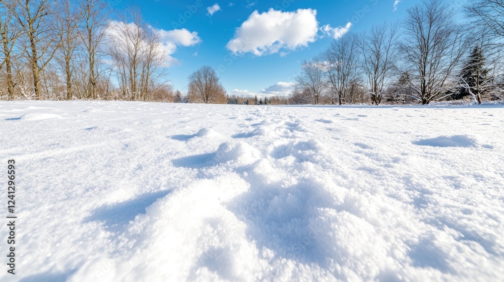 Snowy path through winter park, blue sky, footprints Snowy path through winter park, blue sky, footprints