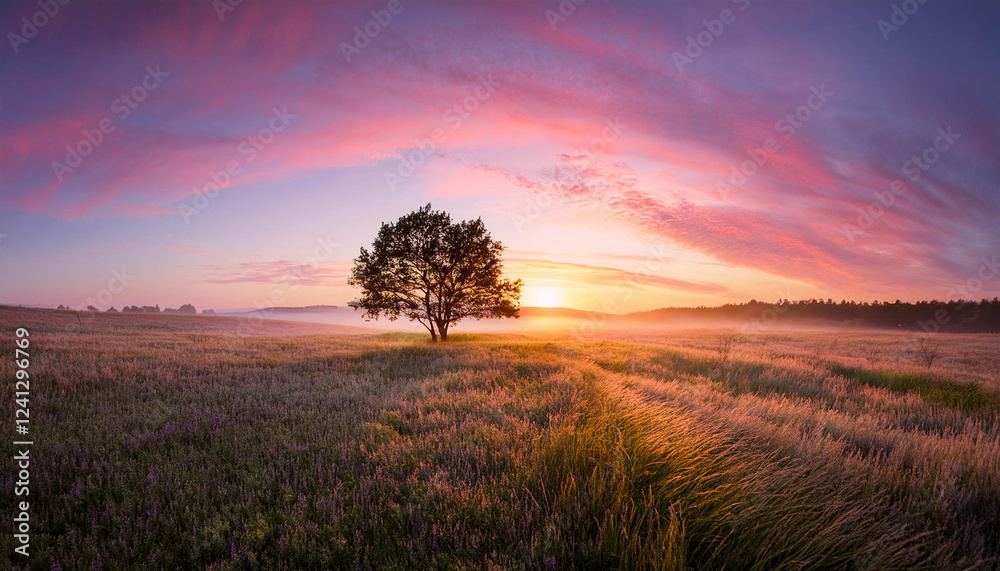 Fototapeta premium landscape with a tree in the field and sunrise in pink sky