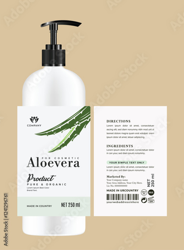 Minimalist organic aloe vera cosmetic product label design featuring an organic theme with modern typography, soothing colors, and clean, professional branding elements for natural skincare products.