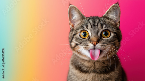 Playful Tabby Cat Sticking Tongue Out Against Colorful Background