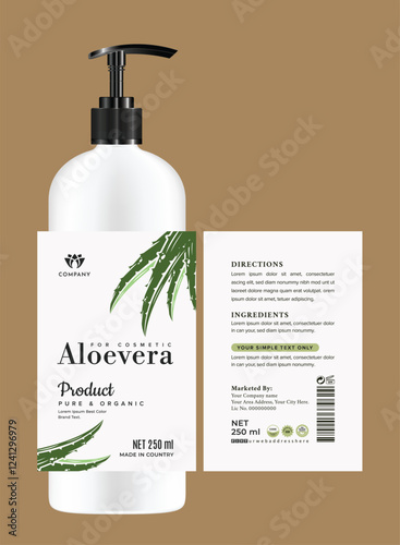Modern, minimalist aloe vera lotion packaging label botanical, clean typography, and organic theme, perfect for cream skincare branding with elegant design.