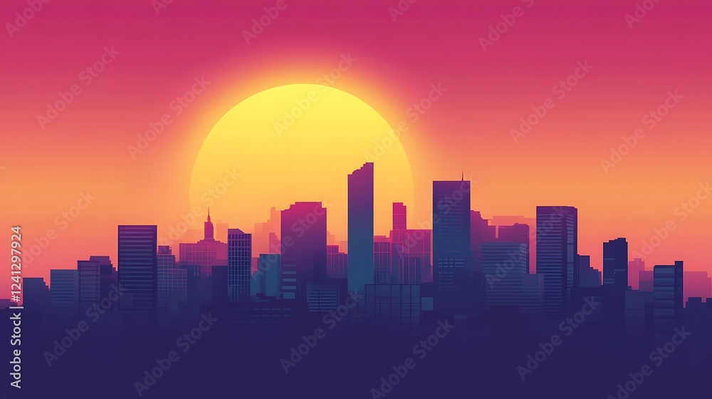 Naklejka premium Sunset City Skyline Silhouette; Colorful urban landscape at sunset; Use Stock photo for backgrounds, posters, or digital art
