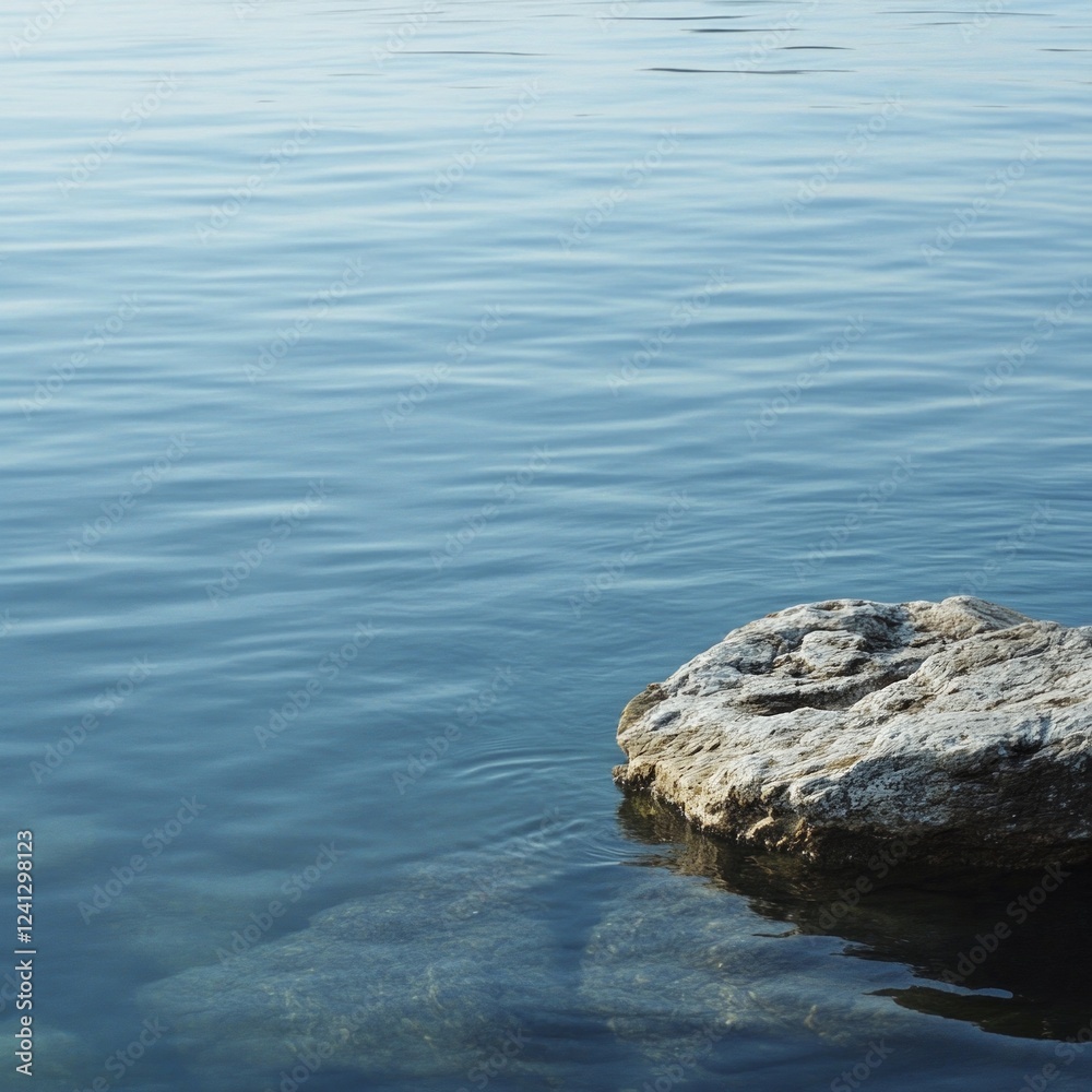 Calm clear water with rocky shoreline at tranquil lake scene Calm clear water with rocky shoreline at tranquil lake scene