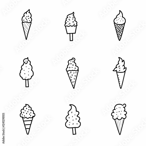 Black icon Ice cream, eskimo, waffle cone. Set of elements in doodle and cartoon style. Colorful. Vector. EPS 8