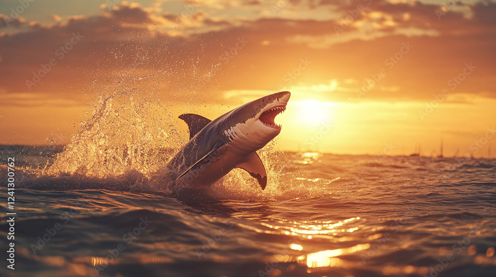 Fototapeta premium Great white shark, predator animal jumping out of the sea or ocean water surface, splashing the water into air during the sunset, open mouth.