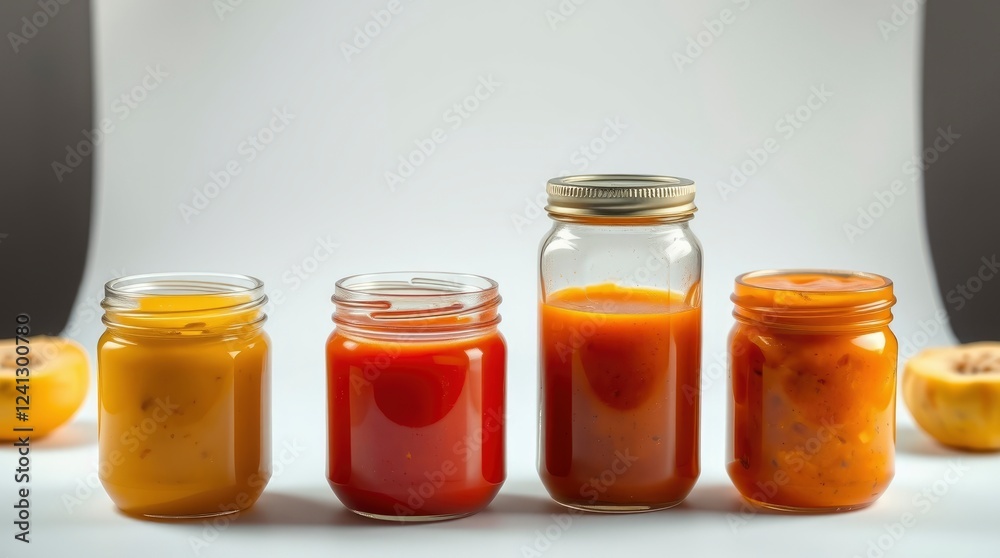 Delicious Fruit Purees Displayed in Glass Jars Delicious Fruit Purees Displayed in Glass Jars