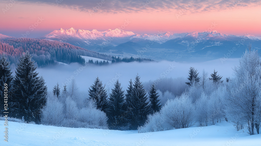 Obraz premium Morning misty sunrise on the snowy and rocky mountains peaks range panorama landscape photography. foggy and cloudy winter alps top.