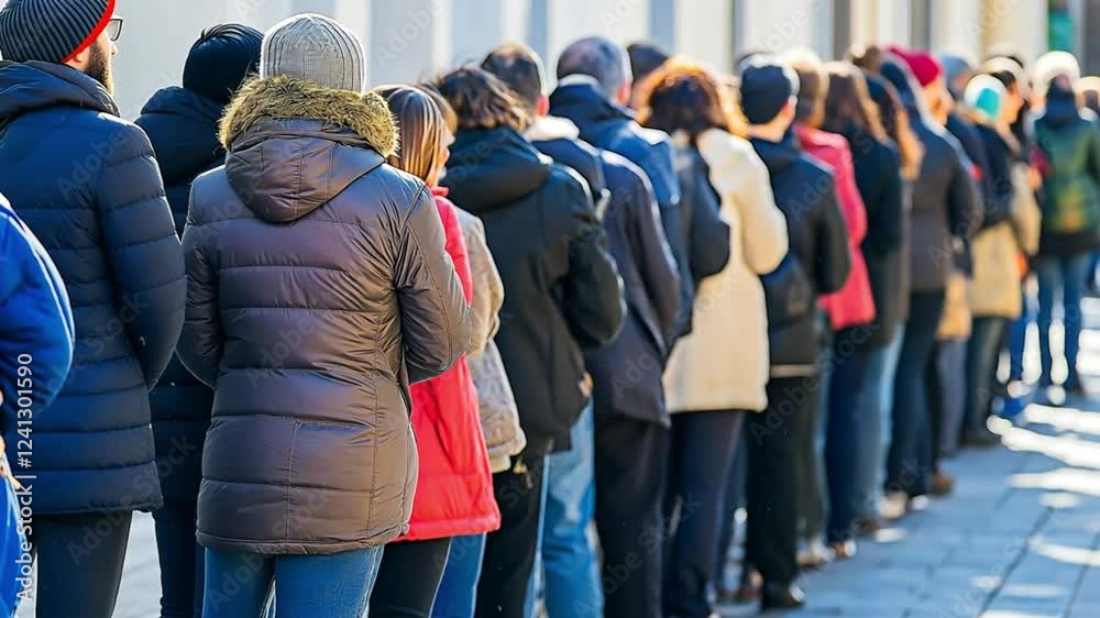 A long queue of people stands in thick coats on a chilly day in Europe. Concept of waiting and social order.