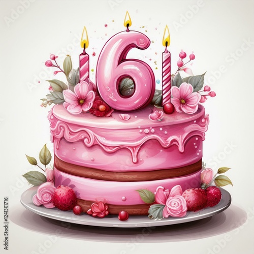 Illustration of decorated pink cake for birthday or anniversary party. Number 6, sixth birthday celebration