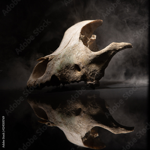 Skull isolated in black with fog around