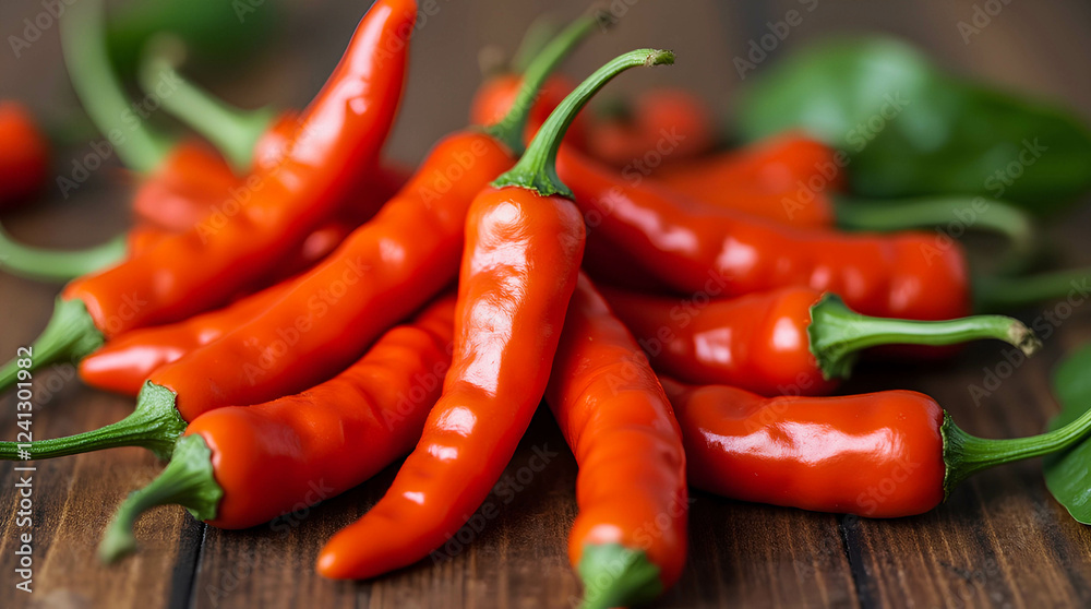 Bright image with fresh red chili peppers arranged on a wooden surface, table. For food advertising, culinary food blogs, posters and restaurant menus. Bright image with fresh red chili peppers arranged on a wooden surface, table. For food advertising, culinary food blogs, posters and restaurant menus.