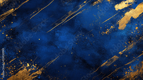Abstract blue background with gold splashes and brushstrokes, creating a luxurious, elegant, and textured artistic composition suitable for modern design projects.
