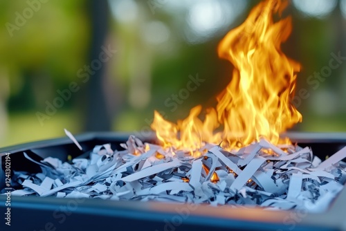 Shredded paper burns in a grill, flames rise above the paper, blurry green background suggests outdoors.