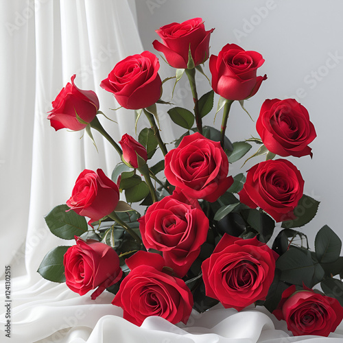 A cluster of velvety red roses rests on a white background , bathed in a soft light , The deep, red color creates a striking contrast against the white background  , elegant red  roses background 