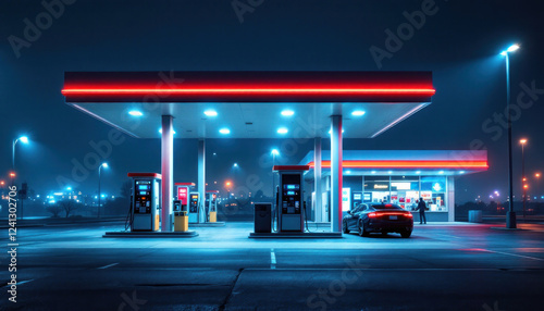 Neon Lit Gas Station At Night With A Car