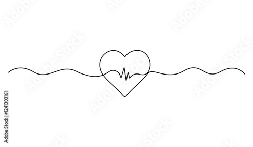 Continuous one line drawing of heartbeat or pulse. Single line cardiogram icon. One line drawing background. Vector illustration