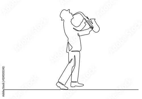 Continuous line art of Saxophonist. One line drawing abstract Saxophonist. Vector illustration