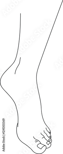 black and white line drawing of a female foot. Illustration isolated on white background