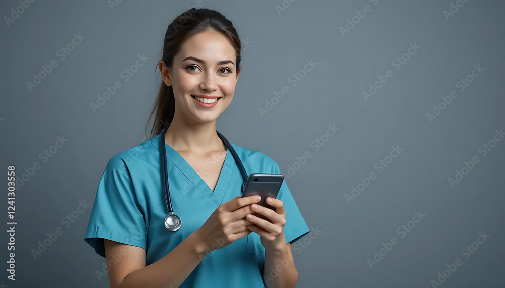 Smiling Nurse Using Smartphone Medical App Technology Smiling Nurse Using Smartphone Medical App Technology