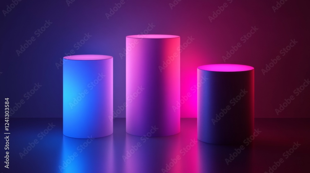 Stunning Neon Cylinders in a Vibrant Gradient Display. Modern Geometric Composition for Product Presentation. Gradient Lighting and Shapes Stunning Neon Cylinders in a Vibrant Gradient Display. Modern Geometric Composition for Product Presentation. Gradient Lighting and Shapes