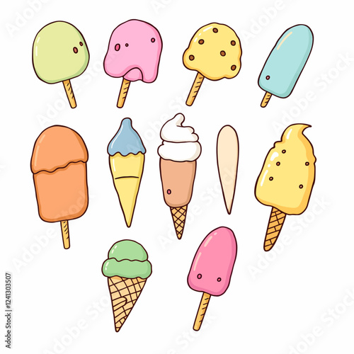 Ice cream, eskimo, waffle cone. Set of elements in doodle and cartoon style. Colorful. Vector. EPS 8