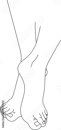 black and white line drawing of a female foot. Illustration isolated on white background