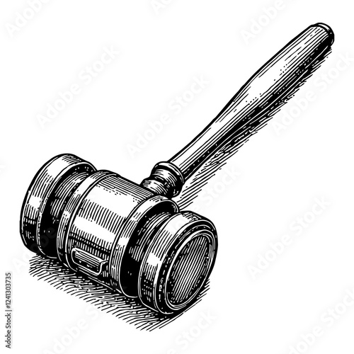 Gavel in Detailed Woodcut Style Black and White Outline Line Art Drawing for Justice and Law