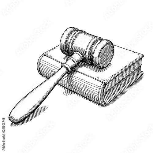Gavel and Book Law and Justice Vintage Style Black and White Outline Line Art Drawing