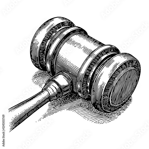 Gavel Auction Hammer in Detailed Black and White Outline Line Art Drawing Style Legal Court Tool