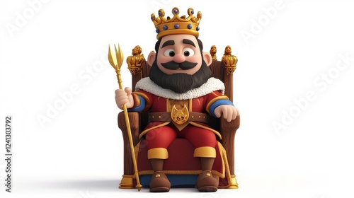 Royal figure in vibrant attire sits on a grand throne holding a scepter, embodying authority and power