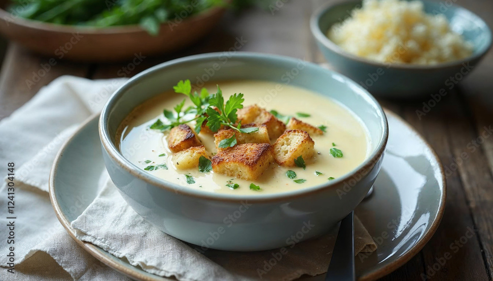 Garlic cream soup with bread croutons and flavored with copped celery leaves Garlic cream soup with bread croutons and flavored with copped celery leaves