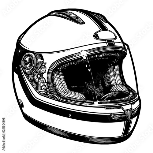 Detailed Motorcycle Helmet with Floral Decoration Black and White Outline Line Art Drawing